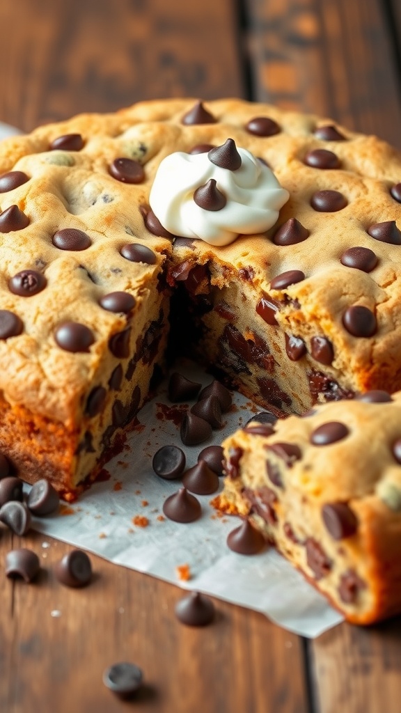 A delicious chocolate chip cookie cake on a wooden table with a slice cut out, showcasing its soft and chewy texture.